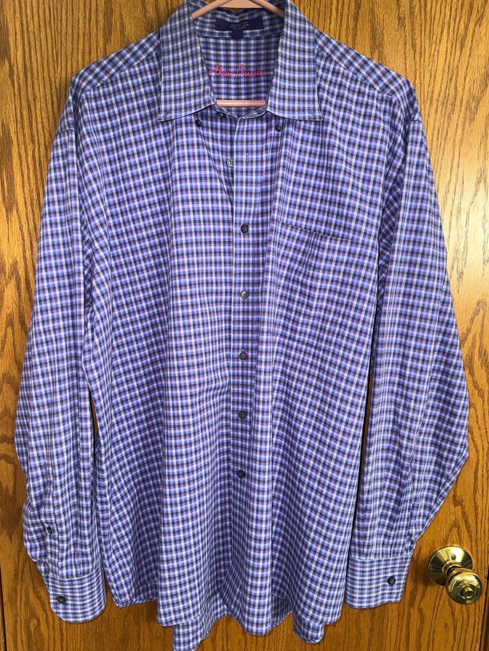 Alan Flusser Purple Plaid Shirt Button Front Cotton Long Sleeves Men's Size XL